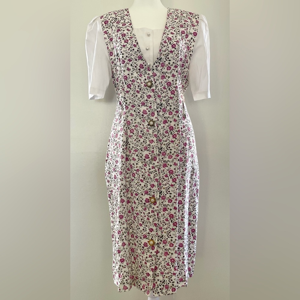 Vintage 80’s Floral Cottage Core Short Sleeve White Floral Spring Dress Size 10